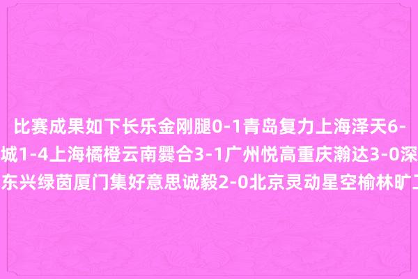 比赛成果如下长乐金刚腿0-1青岛复力上海泽天6-0海南双玉湖州长兴锦城1-4上海橘橙云南爨合3-1广州悦高重庆瀚达3-0深圳兴隽广东蜀地红5-0东兴绿茵厦门集好意思诚毅2-0北京灵动星空榆林旷工旅投6-1天津棣华山西太理毅大1-3大连可为贵州栩烽棠1-0山西翔宇吴川后生2-2湖北后生星（点球大战3-5）    体育集锦