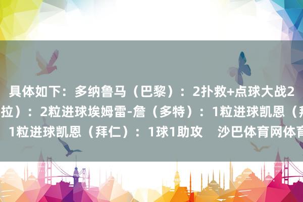 具体如下：多纳鲁马（巴黎）：2扑救+点球大战2次扑点阿森西奥（维拉）：2粒进球埃姆雷-詹（多特）：1粒进球凯恩（拜仁）：1球1助攻    沙巴体育网体育信息