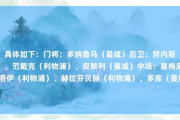 具体如下：门将：多纳鲁马（曼城）后卫：努内斯（曼城）、格伊（曼城）、范戴克（利物浦）、奥赖利（曼城）中场：塞梅尼奥（曼城）、索博斯洛伊（利物浦）、赫拉芬贝赫（利物浦）、多库（曼城）先锋：埃基蒂克（利物浦）、哈兰德（曼城）    体育赛事直播