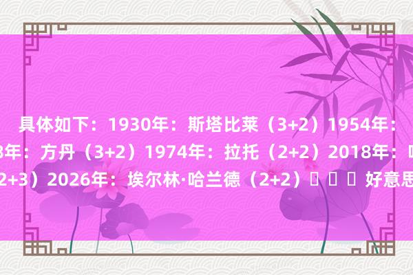 具体如下：1930年：斯塔比莱（3+2）1954年：柯奇士（3+4）1958年：方丹（3+2）1974年：拉托（2+2）2018年：哈里·凯恩（2+3）2026年：埃尔林·哈兰德（2+2）			好意思加墨宇宙杯-数据记录    体育赛事直播